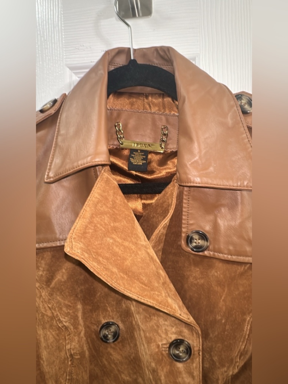 IMAN Two-Tone Brown Suede and Leather Trench Coat (mix26) - Picture 7 of 11